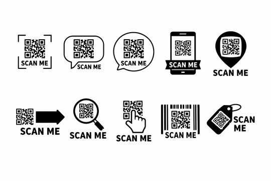 Diverse qr code icons with scan me text in various designs