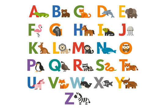 Colorful alphabet chart featuring animals for each letter a to z