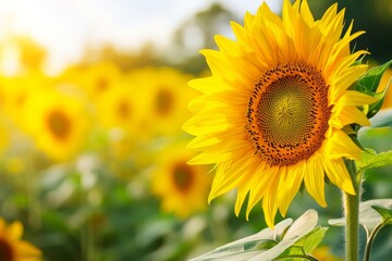 Fototapeta premium Sunflower blooming in a field with bright background during summer season