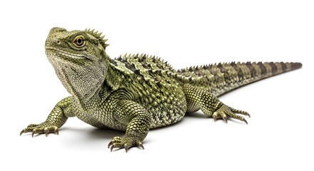 Fototapeta premium Realistic Green Iguana Lizard Side View Isolated on White Background for Wildlife Photography, Exotic Reptile, Tropical Animal, Nature Study, Herpetology Research, Detailed Skin Texture Illustration