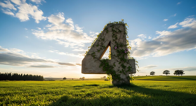 Stone number four covered in ivy in green field