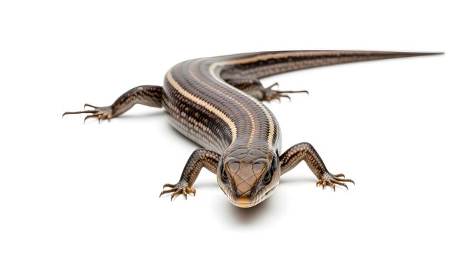 Long-tailed skink or garden lizard crawling isolated on white background. Common reptile for wildlife education, garden ecosystem study, pet care guides, and biology research