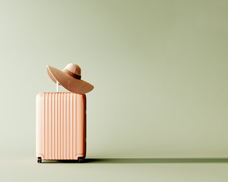 Pink travel luggage with summer hat on mint green background with copy space. Summer travel concept. 3D Rendering, 3D Illustration
