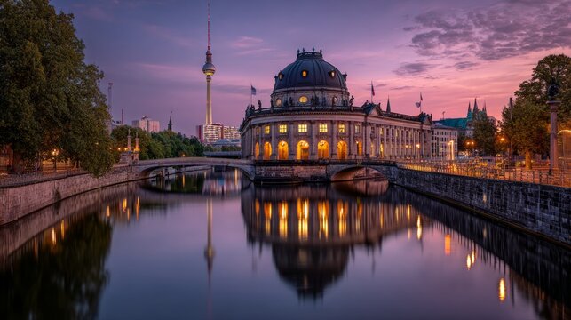 Bode Museum, Berlin TV Tower and the Spree River in Berlin before sunrise.