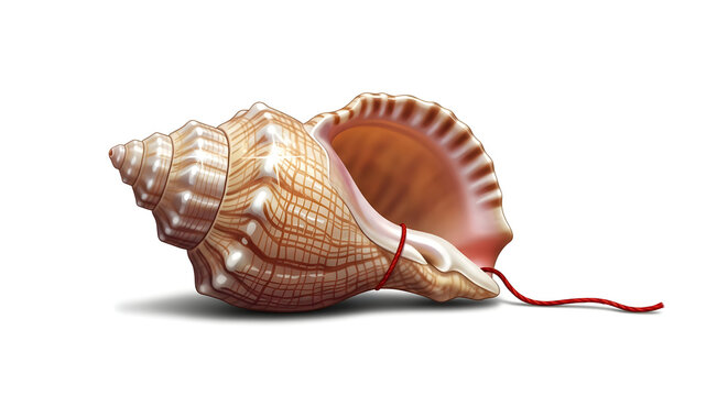 Sacred Shankha Conch Shell with Red Ritual Thread Isolated on White Background, Traditional Hindu Spiritual Vector Illustration