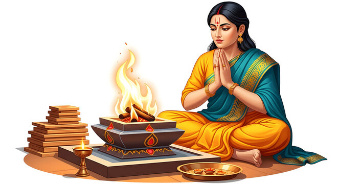Indian Woman Performing Sacred Homa Ritual with Burning Fire Havan Kund and Vedic Books, Spiritual Hinduism Prayer Ceremony Vector Illustration