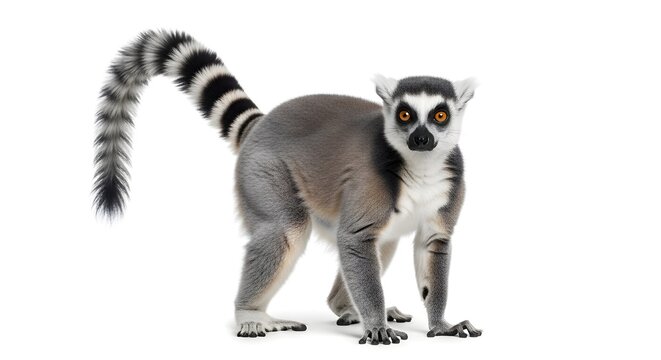 Realistic Ring Tailed Lemur Full Body Isolated on White Background for Wildlife Photography, Primate Study, Exotic Animal, Madagascar Species, Zoo Animal, Nature Observation Illustration