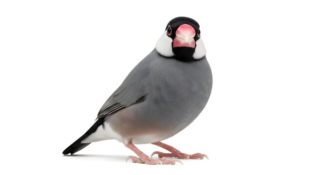 Realistic Java Sparrow Bird Standing Isolated on White Background for Wildlife Photography, Ornithology Study, Small Bird Species, Exotic Pet Bird, Nature Observation, Detailed Feather Illustration
