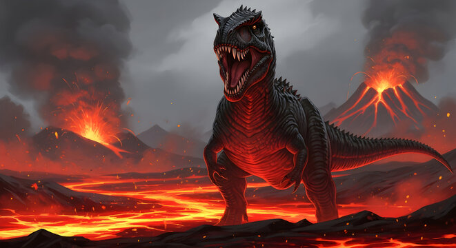 Carnotaurus Dinosaur Standing on Lava Rocks with Erupting Volcanoes and Fire, Prehistoric Extinction Catastrophe Vector Illustration
