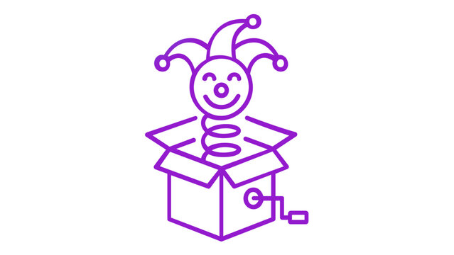 Vibrant Gradient Jack-in-the-Box Vector Icon Illustration Featuring a Smiling Jester Popping Out of a Surprise Box with a Crank Handle, Perfect for Toy, Childhood, and Fun-Themed Designs.