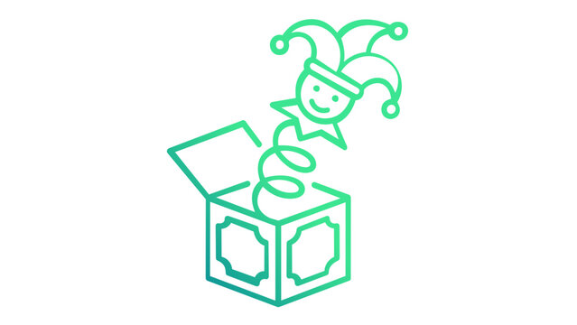 Jack-in-the-Box Vector Icon Illustration Featuring a Jester Popping Out of a Surprise Box on a Spring, Minimalist Flat Line Art Design for Childhood Play and Fun Prank Themes, Teal Gradient Style.
