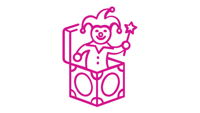 Jack-in-the-box vector icon illustration featuring a smiling jester popping out of a toy box holding a magic wand. Minimalist line art design with a vibrant orange and pink gradient.