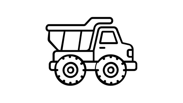 Minimalist vector icon illustration of a toy dump truck, featuring a clean black line art design with large wheels and a tipping bed, perfect for children's play, construction themes, and apps.