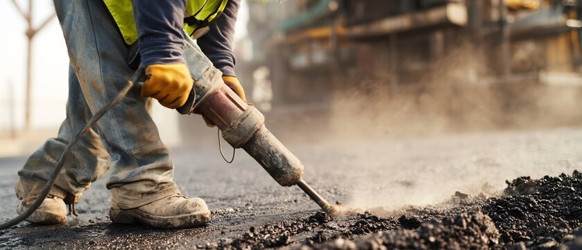 Road worker using drill to break pavement outdoors