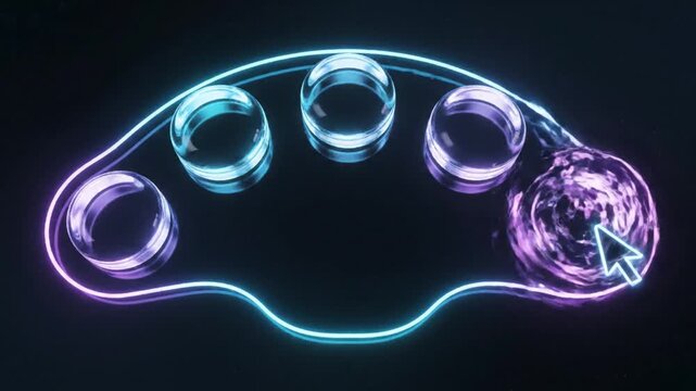 Futuristic neon glowing interface with abstract translucent elements and digital cursor interaction, showcasing a modern technological design concept