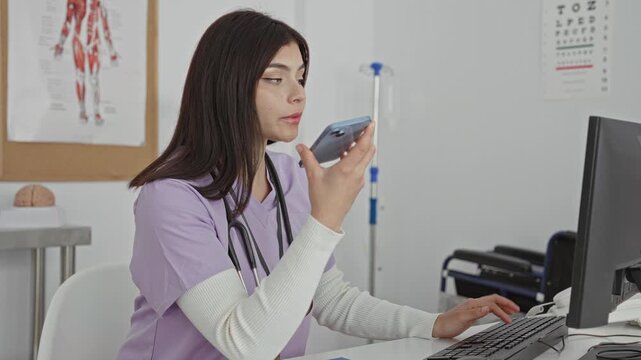 Woman in lavender scrubs holds smartphone to lips while typing at computer with stethoscope in clinic exam room; focused care.