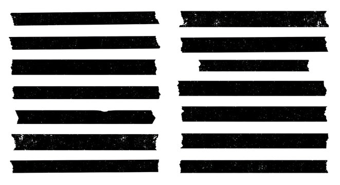 Set of distressed grunge black washi tape strips for graphic design elements; worn adhesive tape for scrapbooking; grungy textures