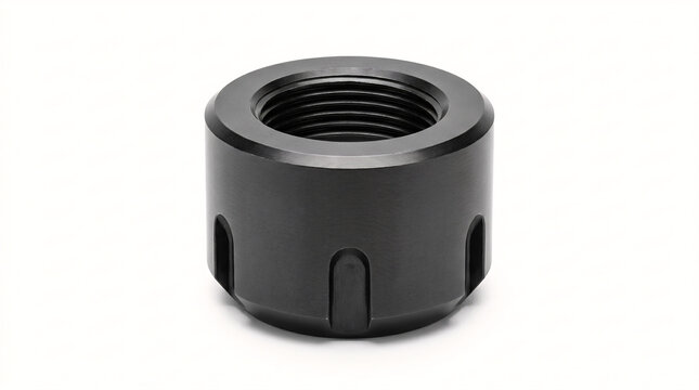 Precision ER32 collet clamping nut in blackened tool steel for CNC machining, industrial tool on white.