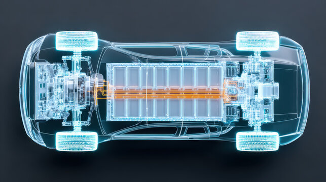 Electric car battery pack and motor system top view with transparent body showing internal components and powertrain layout