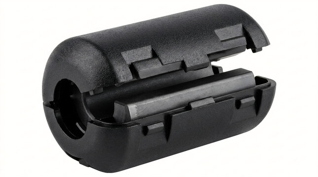 Clip-on ferrite core noise filter in black polymer housing, EMI RFI suppressor isolated on white.