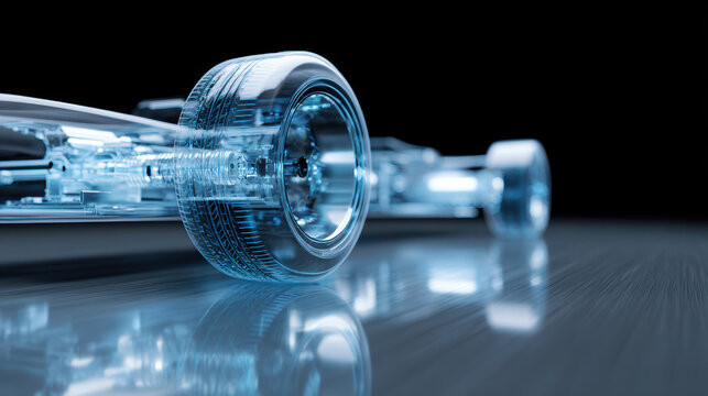 Transparent car wheel and steering mechanism close up with reflection on surface, futuristic design with blue light glow