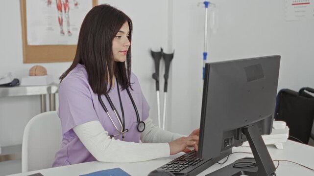 Woman in lavender scrubs typing on a computer keyboard with stethoscope at clinic desk, crutches and anatomical poster nearby; focused care.