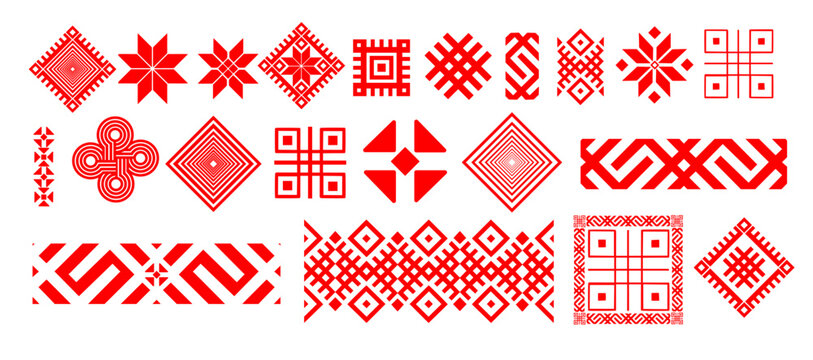 Vector red set of seamless belarusian national ornament. Ethnic pattern of Slavic peoples, Russian, Ukrainian, Serb, Pole, Bulgarian. Cross stitch template.