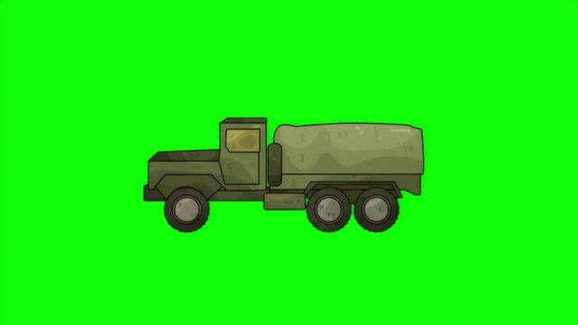 Animated Cartoon Military Truck Driving Fast and Passing Through a Green Screen Background for VFX