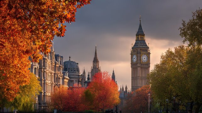Autumn view of London with the Big Ben at Westminster, surrounded by colorful fall foliage in the city landscape.