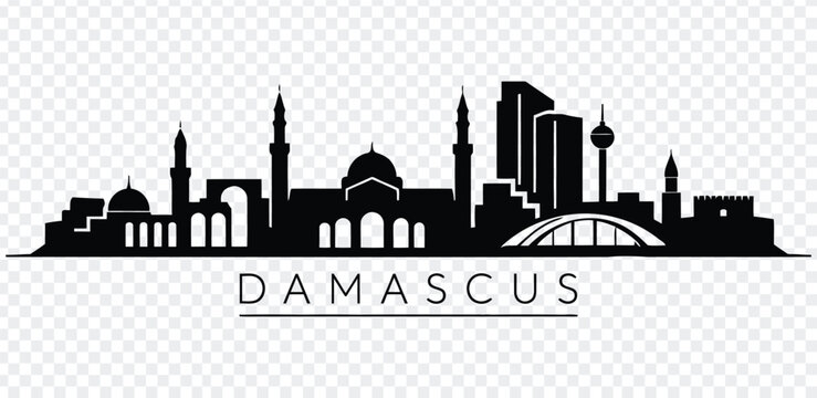 Black silhouette cityscape of damascus with mosque and buildings