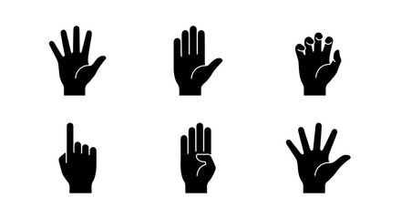 Obraz premium Minimalist hand gesture icon set, black silhouette human hand symbols, collection of 6 vector palm and finger signs for UI design