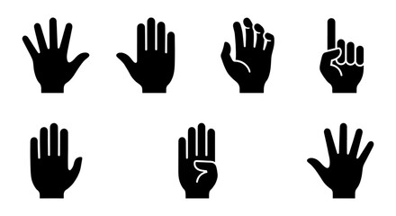 Fototapeta premium Black hand gestures silhouette icons, set of 7 human hand symbols and finger counting signs, flat vector palm and wrist illustrations for UI design