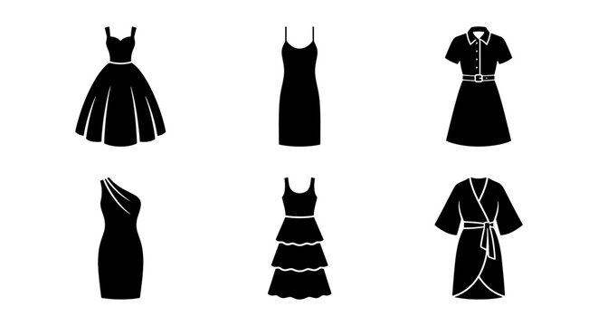 Minimalist women's dress icons set, 6 black silhouette fashion garment vectors, elegant female clothing styles for retail and web design