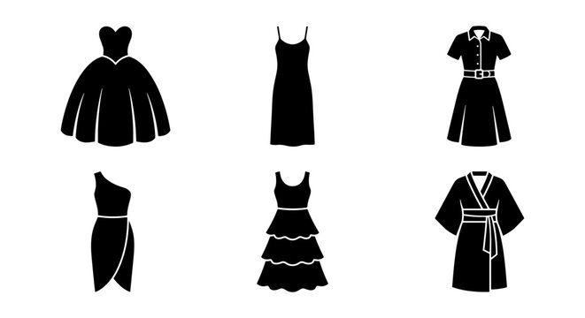 Minimalist black dress icon set, 6 female fashion garment silhouettes, elegant evening gown and cocktail dress vector collection for retail