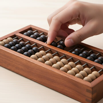 Person using a wooden abacus for mental calculation