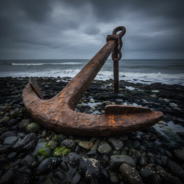 Massive Rusty Anchor on a Stormy Rocky Beach