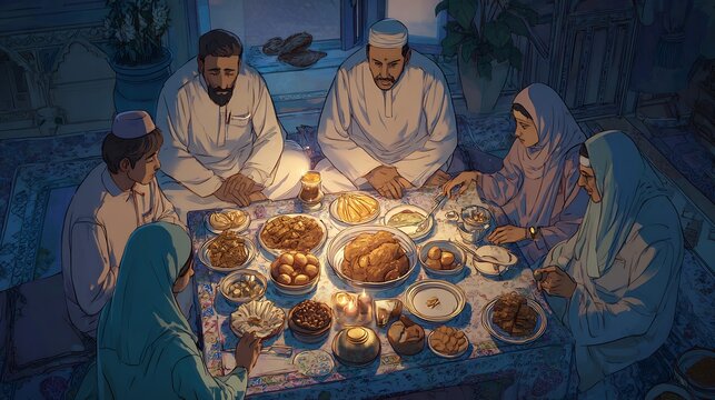 A digitally rendered family gathering around a table laden with diverse foods, analyzed for compositional balance and color harmony, representing communal nourishment and cultural exchange.