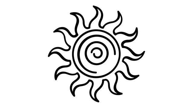 Sun symbol line icon vector illustration featuring a minimalist black and white sun with wavy rays and a spiral center. Scalable flat design for astrology, zodiac, weather, and summer themes.