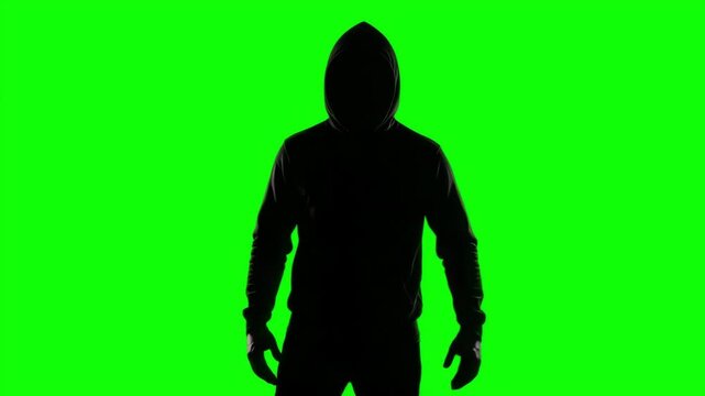 Mysterious Silhouette of a Man in a Hoodie Clenching Fists and Shaking on a Green Screen Background