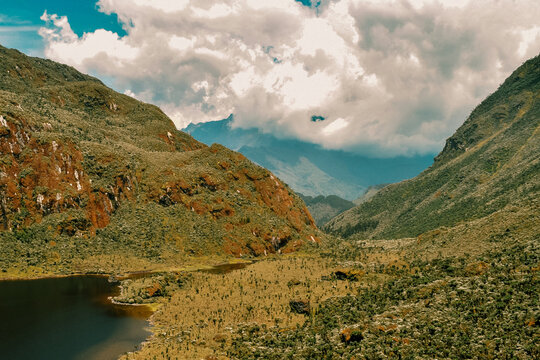 Aerial View of Lake Bujuku and Bujuku Valley in the Afro Alpine ecological zone in the Rwenzori Mountains, Uganda