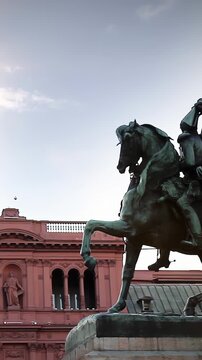 General Belgrano Equestrian Statue and Casa Rosada Government House - Vertical Video 4K