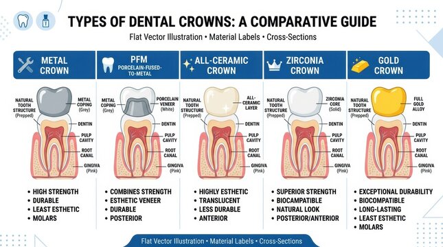 Comparison of Different Types of Dental Crowns Showing Materials and Characteristics for Dental Procedures and Choices Made by Patients
