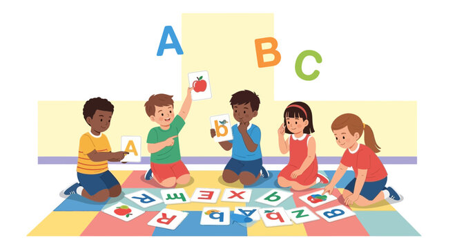 Diverse children learning alphabet and fruits with flashcards and ABC blocks