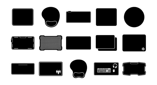 Black mouse pad silhouette icons, set of 15 computer desk mat vector shapes, gaming mousepad top view collection, office workstation accessories
