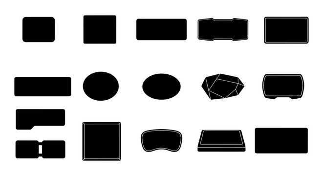 Minimalist black geometric button silhouettes, 15 vector UI elements set, flat interface shapes for web and app design, modern graphic icons