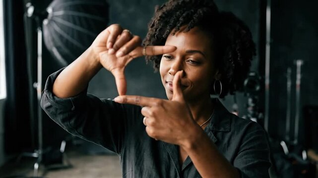 A black woman in a studio framing a shot with her fingers, dark backdrop and subtle camera-room details, confident creative mood with dramatic soft light and precise portrait depth, ultra-realistic,