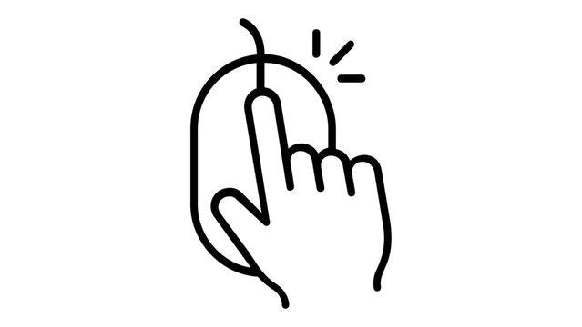 Computer mouse click vector icon illustration featuring a hand clicking a button. Minimalist black line art for web design, user interface, and digital navigation. Scalable flat design element.