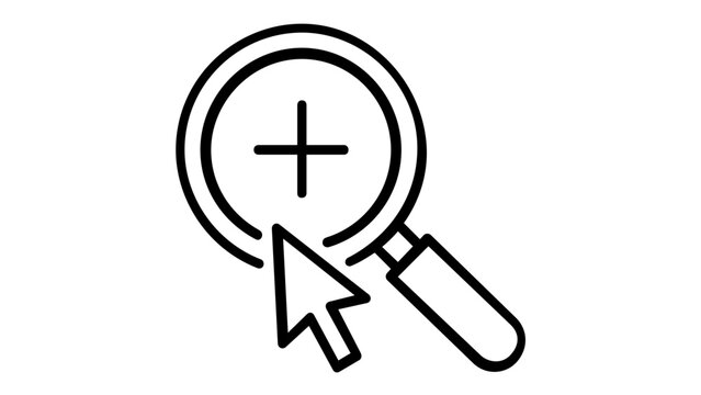 Zoom In Magnifying Glass Vector Icon with Plus Sign and Mouse Cursor Pointer, Minimalist Black Line Illustration for Web Interface, Search, and Magnification Tools, Scalable AI-generated Graphic