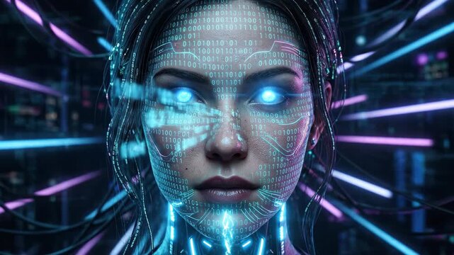 A digital human head with luminous binary code overlay, subtle gradients, advanced cyber aesthetic, dark immersive backdrop, ultra-realistic, no logos.