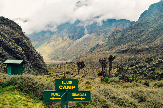 Scenic Landscape of Bujuku Camp with Trail Directional Signage and Mount Baker in the background in the Rwenzori Mountains National Park, Uganda